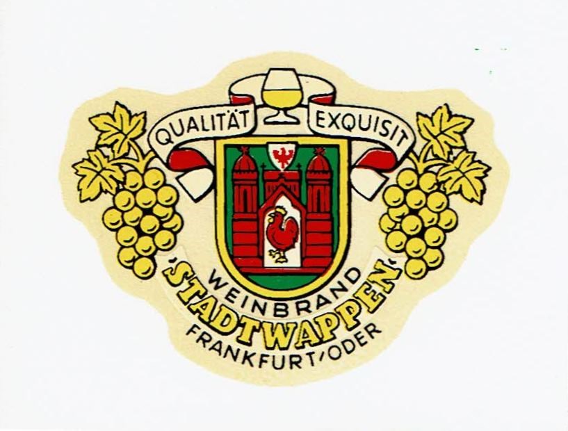 Flaschenetikett ©Flaschenetikett zum Weinbrand „Stadtwappen“; Geschenk Herr Mücke